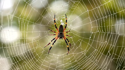 Colorful spider weaving a web in a lush green forest, showcasing nature's intricate design