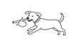 © Faustina - Cartoon Dog Running With Stick and Ball in Black and White Isolated on White Background Playful Canine Illustration with Simple Design and Energetic Movement