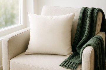 Poster - Beige pillow mockup on light armchair with green blanket in cozy interior near window, perfect for branding or presentation purposes. Ai generative