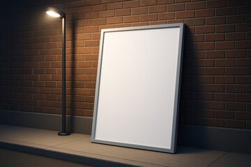 Poster - Blank vertical frame mockup leaning against brick wall under warm streetlight at night, ideal for urban branding or poster presentation concept. Ai generative