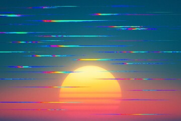 Poster - Abstract digital glitch sunset with bright light distortions over colorful horizon background in creative style. Ai generative. Ai generative