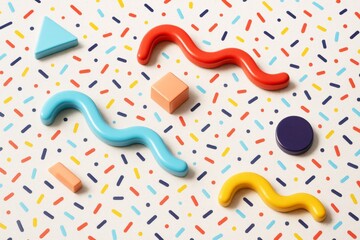 Poster - Abstract colorful geometric shapes with squiggles and confetti pattern on light background, playful Memphis style composition. Ai generative