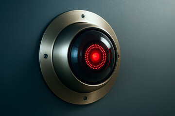 Poster - Futuristic surveillance camera with glowing red light on metallic frame mounted on dark wall background, symbolizing AI monitoring concept.