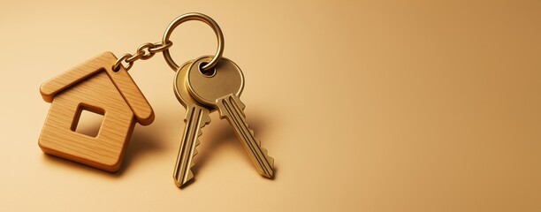 Poster - House-shaped keychain with two metallic keys on warm light brown background, ideal for real estate or home ownership concept promotions.