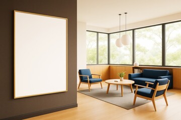 Poster - Modern interior with blank poster frame and cozy seating area in bright room with large windows and natural light. Ai generative.