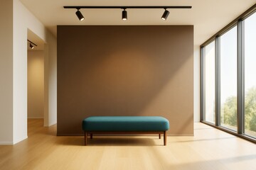 Poster - Minimalist interior room with brown wall, spotlight lighting, and green bench near large windows in bright day setting for design mockup template.