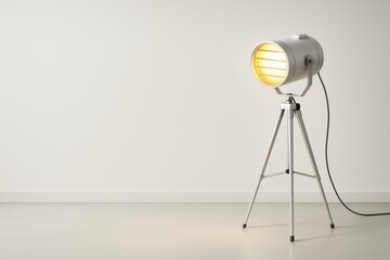 Poster - Studio spotlight on tripod casting warm light against blank beige wall in minimal interior with copy space for creative design or branding concept.