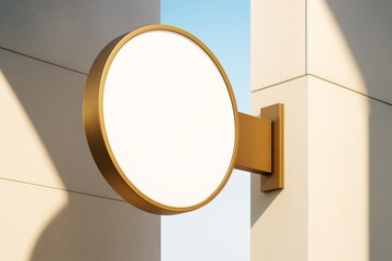 Poster - Blank round signage mockup mounted on modern beige building facade with clean shadows and blue sky background for branding or advertising.
