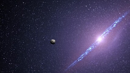 Wall Mural - a cosmic video scene with a wide-angle view of a lone asteroid against a starry sky and a vibrant ne