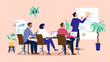 © Knut - Team of business people having a brainstorming workshop or a meeting in an office, discussing a new project plan or a creative strategy, flat design vector illustration