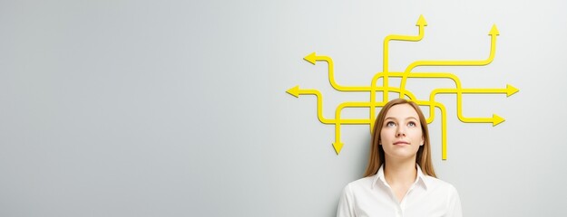 Poster - Young woman thinking with multiple yellow arrows above her head on light background, symbolizing choices, confusion, and decision-making concept.