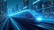 © AI - Cyberpunk modern fast blue train with future technology stops at the station background wallpaper. AI generated