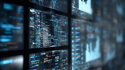 A digital background featuring an array of code and data visualizations, representing the advanced technology behind software development. 