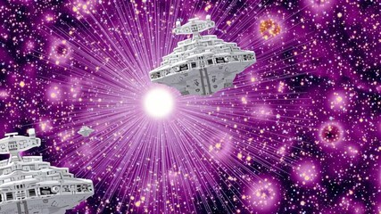 Wall Mural - Spaceships journey cosmic purple nebula
