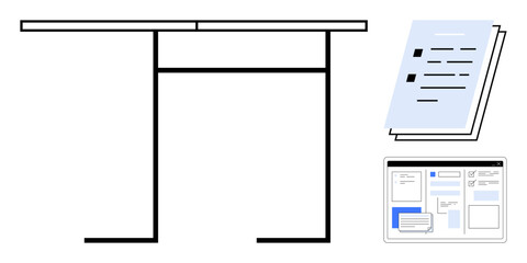 Poster - Minimal desk, stack of documents, and digital interface representing organization and productivity. Ideal for work, study, creativity, planning, focus structure and minimalism. Simple flat metaphor