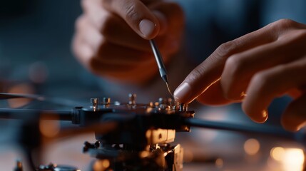 Poster - Technician repairs drone components during evening workshop focusing on precision and detail at a creative space