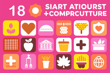 Colorful flat vector icon set with symbols for nature, agriculture, culture, and technology.