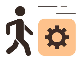 Poster - Simplistic figure walking toward a gear inside a square block, conveying movement, system setup, progress, personal growth, case study, work processes, and technical optimization. Ideal for teamwork