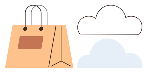 Poster - Shopping bag with handles, paired with outlined and filled clouds emphasizing eco-conscious shopping and green practices. Ideal for sustainability, environmental care, e-commerce, marketing, eco