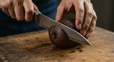 Salak Fruit Being Cut with Sharp Knife on Rustic Wooden Board