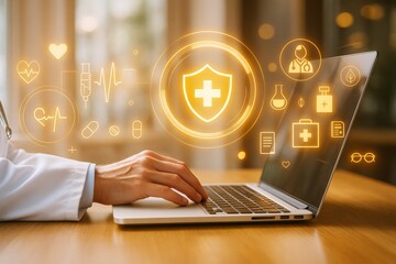 Poster - Doctor hand using laptop with glowing medical technology icons, futuristic digital healthcare interface on blurred indoor background. Ai generative.