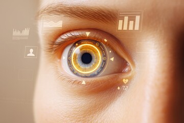 Poster - Futuristic digital interface in human eye with glowing biometric HUD and data charts concept on soft abstract background of innovation and technology.
