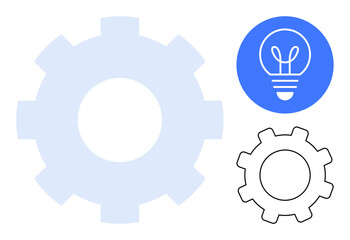 Poster - Large gear design, outlined smaller gear, and light bulb icon in blue circle represent innovation, teamwork, process improvement, creativity, engineering, problem-solving. Ideal for workflow