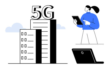 Poster - High-rise building with 5G text, woman holding tablet, laptop representing digital communication. Ideal for technology, innovation, connectivity, urbanization, networking, business simple landing