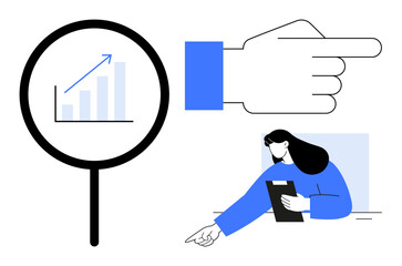 Poster - Magnifying glass over growth chart, pointing hand, woman holding clipboard and giving direction. Ideal for business development, teamwork, data analysis, leadership, growth strategy, education