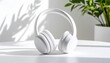© Moon - Minimalist audio escape—white over-ear headphones resting upright on white surface beside a small ceramic pot of green foliage and delicate white blossoms. Soft daylight bathes the scene, creating a c