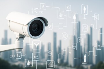 Poster - Surveillance camera with digital technology interface overlay on city background representing data security and smart monitoring system concept.