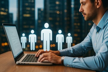Poster - Businessman using laptop with holographic human icons symbolizing recruitment and HR analytics on a city lights background at night.