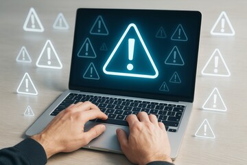 Poster - Hands typing on laptop with glowing warning symbols on screen and floating icons over wooden background, symbolizing digital alert concept.