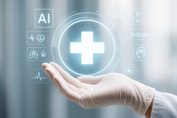 Poster - Futuristic medical technology interface concept with AI icons and gloved hand against light background in healthcare innovation scene.