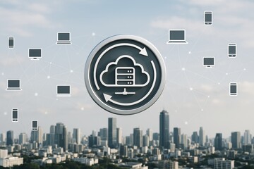 Poster - Cloud computing symbol with connected devices over cityscape background representing modern technology and data network concept in light style.