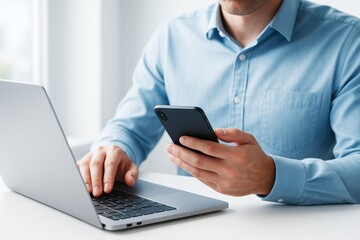 Poster - Businessman using smartphone and laptop together while working at desk in bright office with soft light background, modern tech workplace concept.