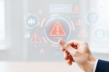 Poster - Businessman interacting with virtual warning interface showing alert icons and futuristic dashboard on light background in creative technology concept.