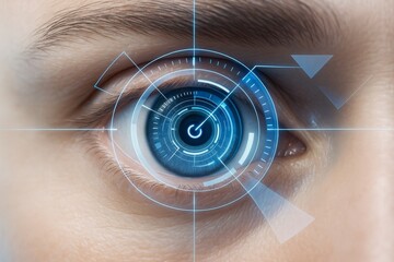 Poster - Close-up of human eye with futuristic digital interface and glowing blue HUD overlay on soft background, symbolizing high-tech biometric scan concept.