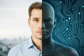 Poster - Half human half digital face with circuit board pattern on dark tech background illustrating artificial intelligence and human-machine integration..