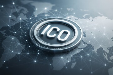 Poster - ICO digital coin on futuristic global technology network background with glowing light nodes and abstract world map design concept.