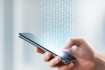 Poster - Human hand holding smartphone with binary code data stream concept on light background showing modern technology and digital communication interface.