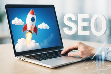 Poster - SEO concept with rocket launch on laptop screen and digital growth chart, symbolizing online marketing success and technology advancement.