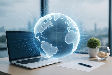Poster - Futuristic digital globe hologram emerging from laptop on office desk with city background, symbolizing global business and technology concept.