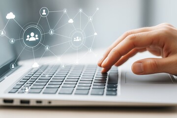 Poster - Human hand typing on laptop keyboard with social network connection icons overlay on light background, symbolizing digital communication concept.