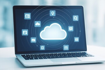 Poster - Cloud computing concept with digital icons on laptop screen, symbolizing data storage and connectivity in modern technology environment.