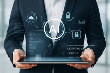Poster - Businessman holding tablet with holographic AI interface and cybersecurity icons in futuristic digital environment on light abstract background.
