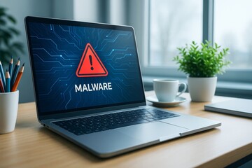 Poster - Laptop displaying malware warning on screen with digital circuit background in brightly lit modern office setting on wooden desk surface.