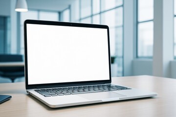 Poster - Modern laptop with blank white screen on wooden desk in bright office interior, ideal for mockup, template, or advertising design background.