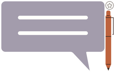 Poster - Purple speech bubble with two text lines next to a brown pen with a star, representing communication, creativity, feedback, messaging, note-taking, brainstorming, and minimalistic design for a simple