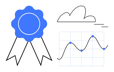 Poster - Blue award ribbon next to graph with upward trend, underlined by cloud element. Ideal for success, recognition, progress, data analysis, achievement, growth innovation. Simple flat metaphor